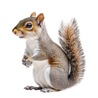 Squirrel standing upright with bushy tail isolated on transparent background, png