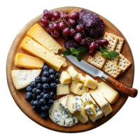 Cheese platter with assorted cheeses, grapes, and crackers isolated on transparent background, png