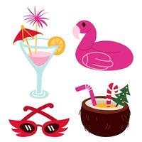 Coconut cocktail set, inflatable flamingo, sunglasses, drink in a glass. Tropical objects. Rest, travel, sun, beach. Isolated elements are festive items. Bright colored elements with drinks vector