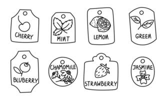 set of tea labels with different flavors. It is suitable for use in tea packaging design, product branding, marketing materials and culinary blogs, as well as in the production of tea products. vector