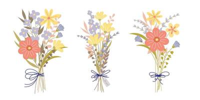 A set of flower bouquets of spring and summer wild garden flowers and greenery. Decorative elements, botanical elements vector