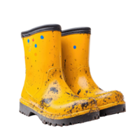 Yellow rubber boots with colorful spots, isolated on transparent background, png