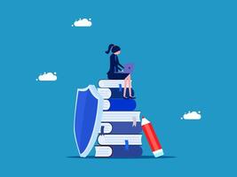 woman sitting on top of a stack of books with a laptop vector