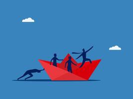 Leader, Difficulty, Businessman Pushing Paper Boat and Crew Leading Forward vector