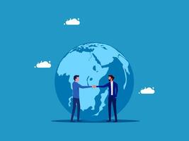 two businessmen shaking hands over a globe vector