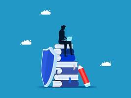 a person sitting on top of a stack of books with a laptop vector