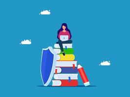 woman sitting on top of a stack of books vector