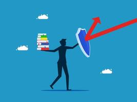 man carrying books and shield with arrow pointing up vector