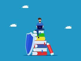 person and laptop sitting on top of a stack of books vector