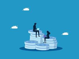 two people sitting on top of stacks of money vector