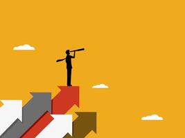 Looking for new development, businessman with binoculars on an arrowhead growing vector