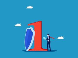 businessman standing next to a shield and a number one vector