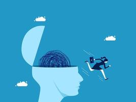 businesswoman running away from a brain with a handprint on it vector