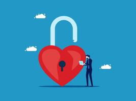 a man in a suit is holding a padlock with a heart shape on it vector