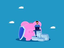 a man sitting on top of a stack of coins with a laptop vector