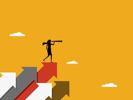 Looking for profit, businesswoman with binoculars on an arrowhead pointing up vector