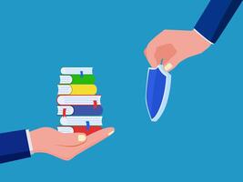 two hands holding a knife and a stack of books vector