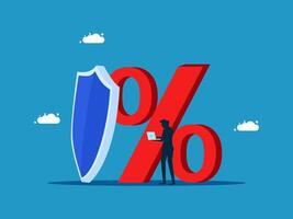 businessman with tablet and shield icon on blue background vector