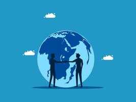 two man shaking hands over a globe vector