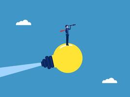 Clear vision, Businessman looking through telescope on light bulb rocket vector