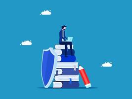 man and laptop sitting on top of a stack of book vector