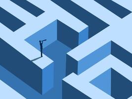 Looking past the problem, Finding a way out, Businessman looking through a telescope in a maze vector