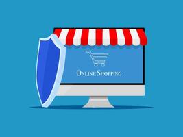 online shopping concept with shield and shopping cart on computer screen vector