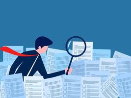 Searching for document information, businessman using magnifying glass to examine and analyze document vector