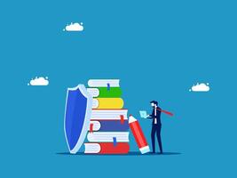 man is standing next to a stack of books and a shield vector