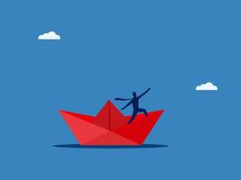 Brave, Challenge, Business Team on Paper Boat Leading Forward vector