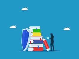 a person standing next to a stack of books and a shield vector