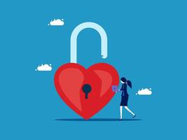 woman in a suit is holding a padlock with a heart shape on it vector