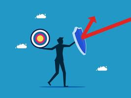 businessman holding shield and arrow up, with arrow pointing to target vector