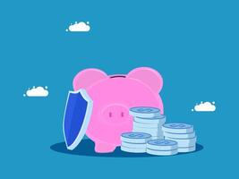 pink piggy bank with shield and coins on blue background vector