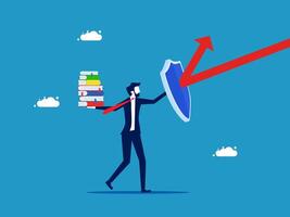 businessman carrying books and shield with arrow pointing up vector