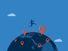 Expanding opportunities, Businessman jumps to new pin target on the world vector