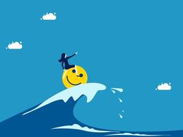 woman riding on top of a wave with a smiley face vector