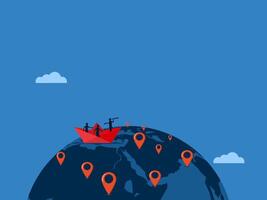 Expanding branches, Business team on paper boat pins around the world vector
