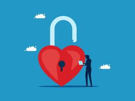 a man is standing in front of a heart shaped lock vector