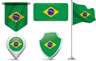 A set of 5 different designs of the Brazil flag in various shapes vector