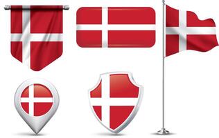 A set of 5 different designs of the Denmark flag in various shapes vector