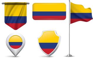 A set of 5 different designs of the Colombia flag in various shapes vector