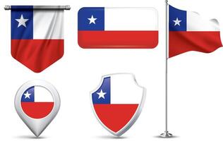 A set of 5 different designs of the Chilean flag in various shapes. vector