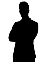 2d black silhouette of a standing person with arms crossed, faceless human figure for design, digital art, and conceptual projects on isolated background png
