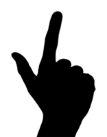 a clean 2d black silhouette of a person making a dramatic pointing gesture upwards, authoritative command pose, on isolated background png