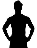 2d black silhouette of a confident man standing with hands on hips, strong and assertive body posture, symbol of leadership and determination, empowerment and motivation concept on isolated background png