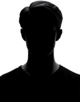 dramatic 2d black silhouette of a man with soft rim lighting, mysterious male portrait with hidden facial features and dark shadows, artistic low key lighting on isolated background png