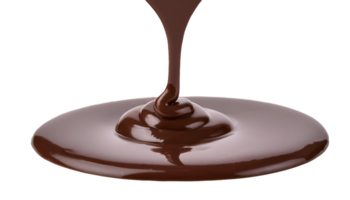 chocolate sauce dripping downward into a smooth circular pool, rich and glossy cocoa liquid swirl in isolated background, dessert topping and confectionery decoration png