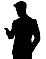 2d black silhouette of a person looking at a phone, digital communication concept, mobile device usage, technology and connectivity, modern lifestyle, smartphone addiction, on isolated background png