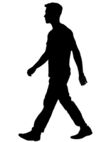 2d black silhouette of a casually walking man, side profile, wearing casual attire, motion capture, faceless human figure for graphic design on isolated background png
